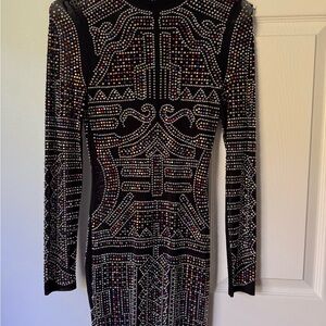 Sexy Black Embellished Long-Sleeve Bodycon Dress, Size Small